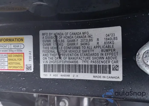 2023 Honda Civic Sport из США, поврежденный, VIN 2HGFE2F53PH544896